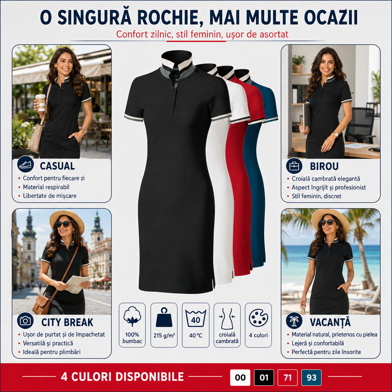 Rochie polo damă Malfini Premium 271 Dress Up disponibilă &icirc;n 4 culori alb negru roșu albastru petrol